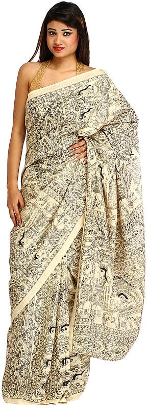 Almond-Oil Madhubani Printed Sari from Jharkhand with Folk Motifs