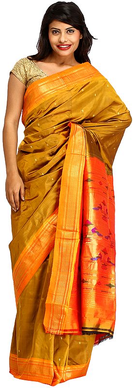 Amber-Gold Paithani Sari with Zari Bootis and Hand-Woven Peacocks on Aanchal