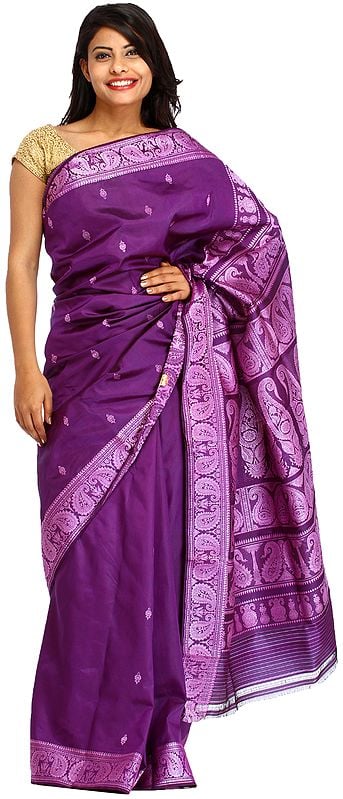 Petunia-Purple Baluchari Sari from Kolkata with Woven Bootis and Paisleys on Aanchal