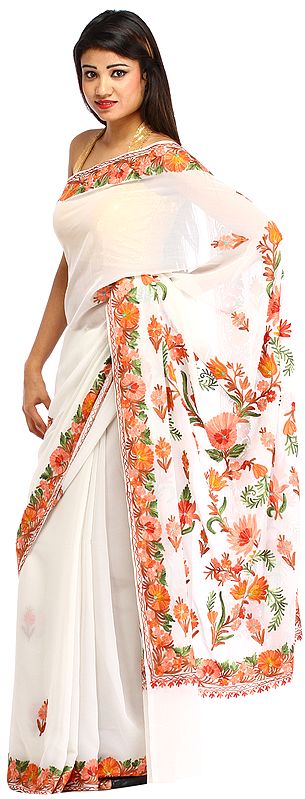 Lily-White Sari from Kashmir with Aari Floral-Embroidery