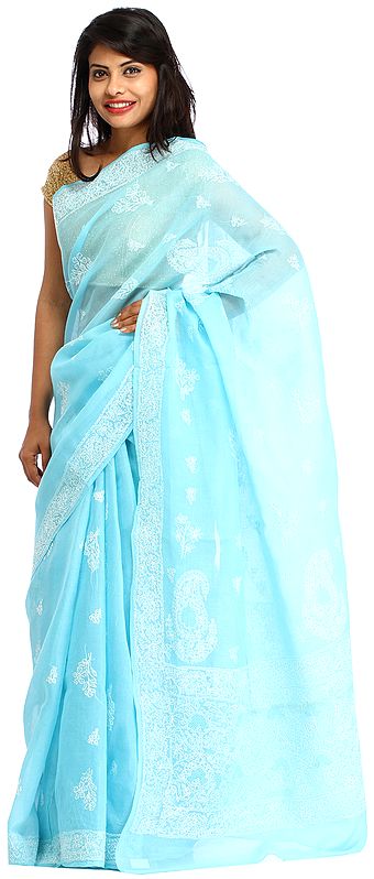 Porcelain-Blue Sari from Lucknow with Chikan Embroidery by Hand