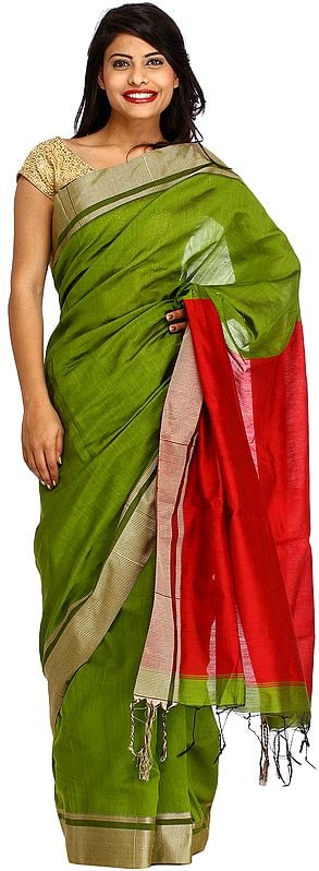 Peridot and Red Plain Sari from Bengal with Striped Border