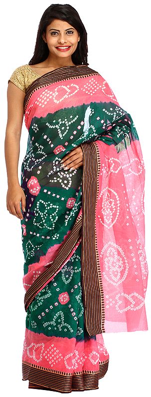 Green and Pink Bandhani Tie-Dye Sari from Jodhpur with Striped Border