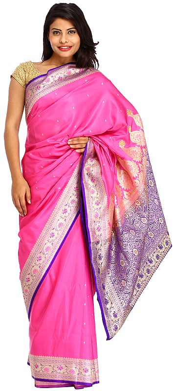 Pink and Blue Sari from Banaras with Woven Lotuses on Border and Brocaded Aanchal