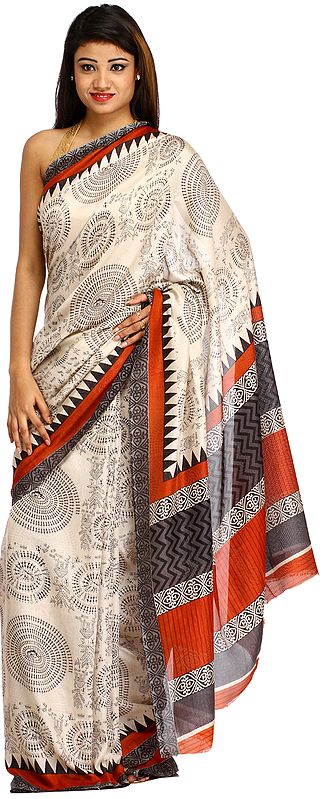 Dusty-White Sari from Bengal with Printed Warli Chakra of Life and Temple Border