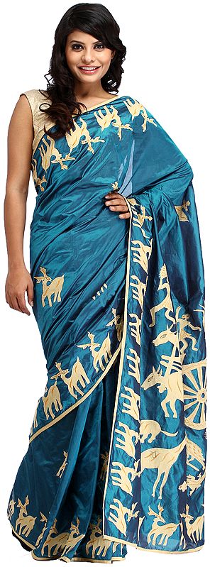 Celestial-Blue Sari from Kolkata with Applique Work