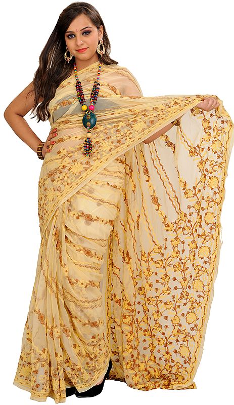 Vanilla-Custard Sari from Lucknow with Chikan Hand-Embroidery All-Over