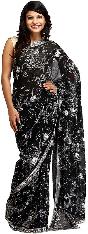 Jet-Black Wedding Sari with Hand-Embroidered Beads All-Over