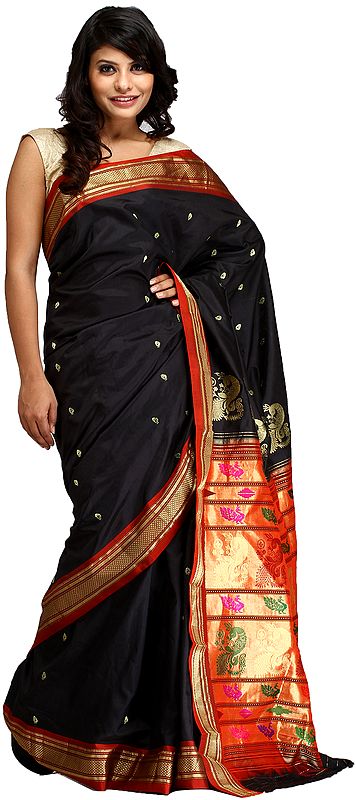 Black and Golden Paithani Sari with Zari-Woven Peacocks and Brocaded Aanchal