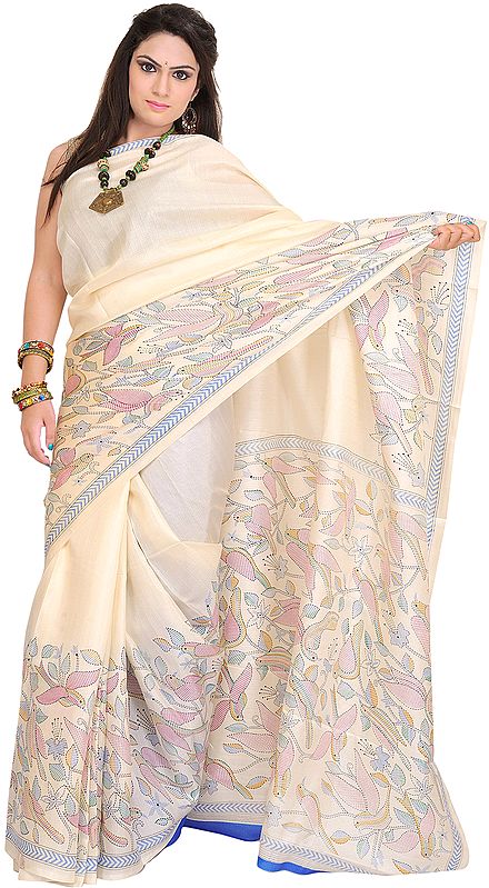 Ivory Sari with Kantha Printed Sparrows