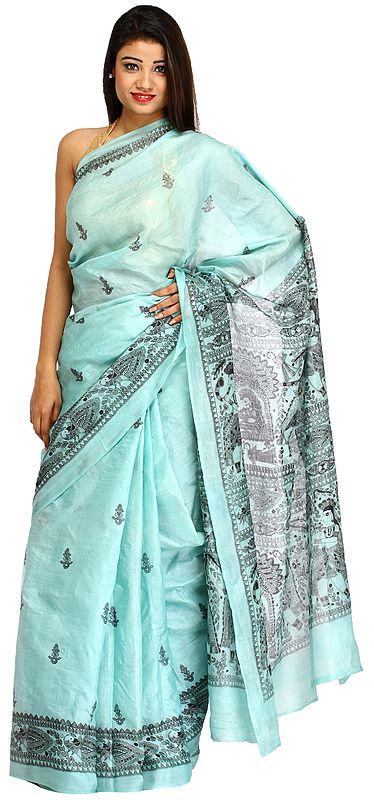 Fair-Aqua Sari from Bengal with Printed Madhubani Folk Motifs