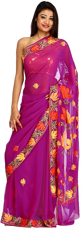 Sparkling-Grape Sari from Kashmir with Aari Embroidered Maple Leaves