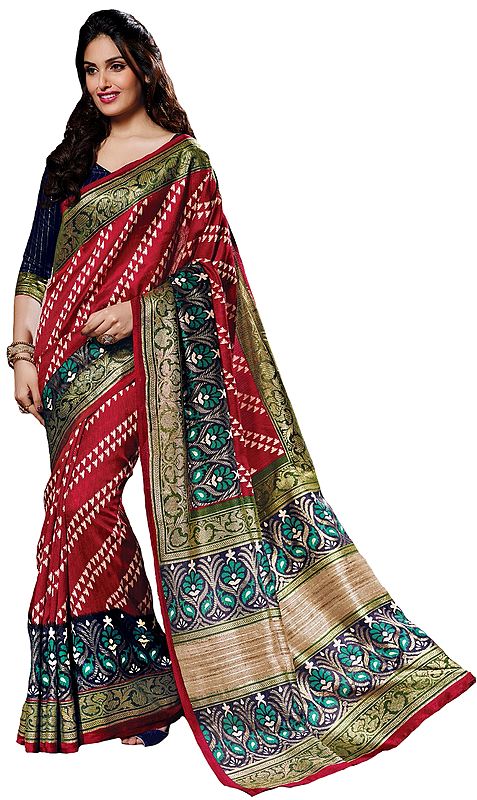 Maroon and Green Sari with Printed Bootis and Floral Border