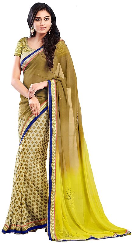 Olive and Green Half N Half Printed Sari with Patch Border and Embroidered Blouse