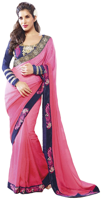 Pink and Dark-Blue Designer Sari with Zari-Embroidered Floral Patch Border and Crystals