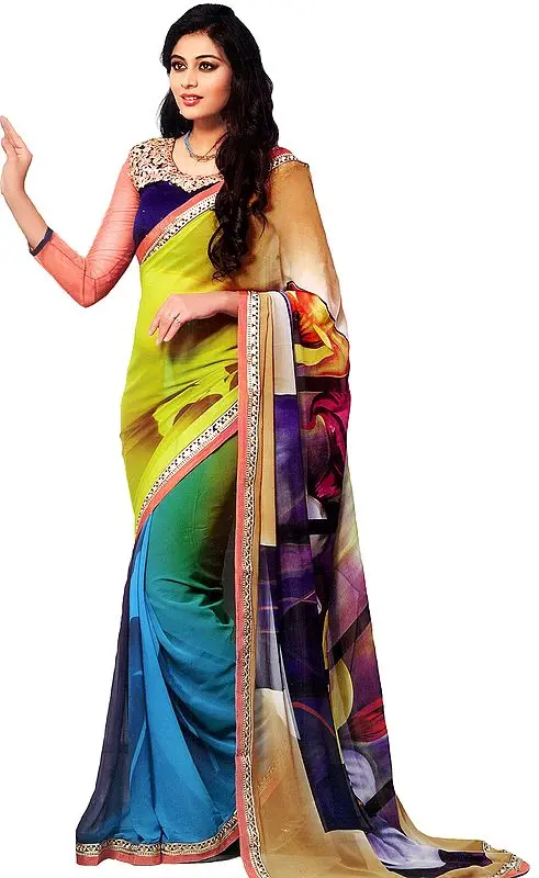 Multicolor Art-Deco Printed Sari with Embroidered Patch Border
