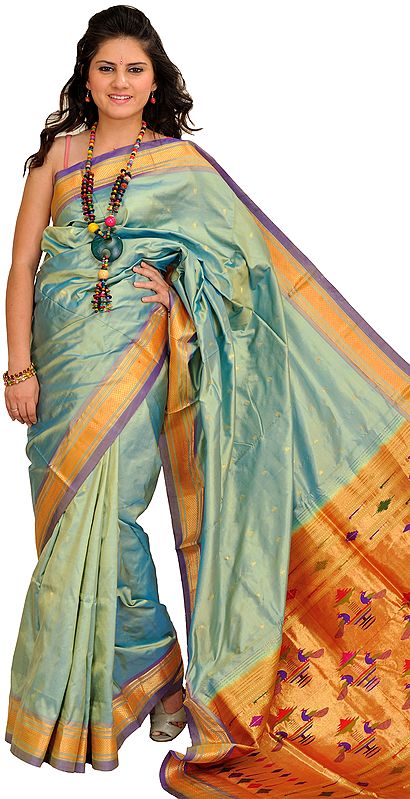 Quiet-Green Paithani Sari with Zari-Woven Border and and Brocade Aanchal