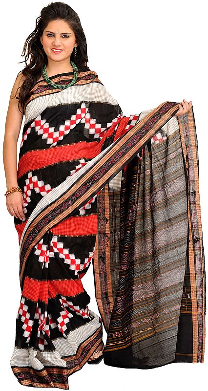 Black and Red Ikat Handloom Sari from Pochampally with Woven Checks and Rudraksha Border