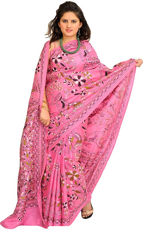 Aurora-Pink Kantha Sari from Kolkata with Hand-Embroidered Flowers and Ladies