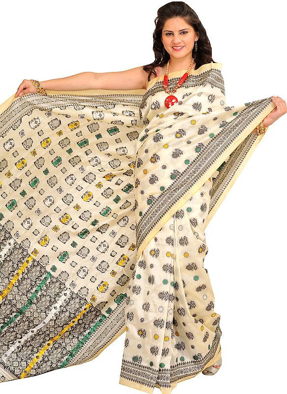 Cream Sari from Assam with Woven Motifs All-Over