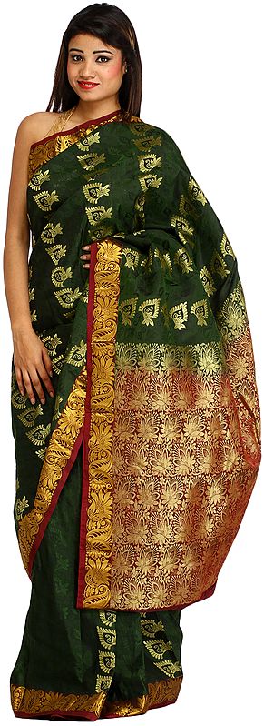 Green and Maroon Self-Weave Sari from Bangalore with Zari-Woven Leaves