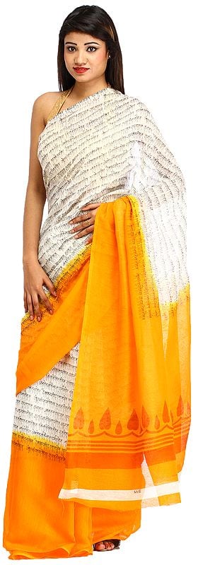 Cream and Orange Sari from Bengal with Printed Mantras