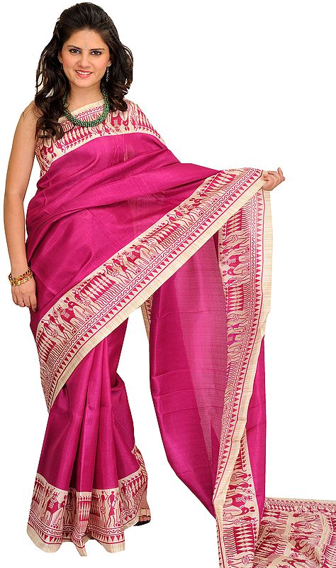Boysenberry and Off-White Sari from Bengal with Printed Warli Folk Motifs