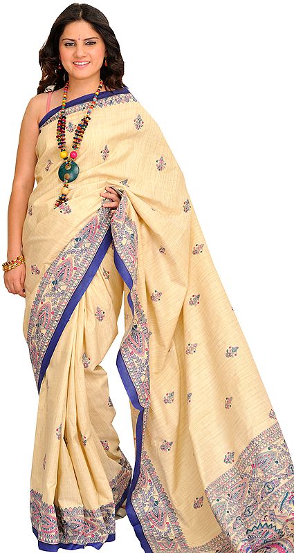 Almond-Oil Sari from Bengal with Printed Madhubani Folk Motifs on Aanchal