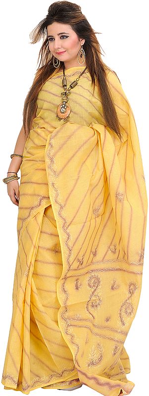 Golden-Haze Sari from Lucknow with Chikan Hand-Embroidery and Leharia Print