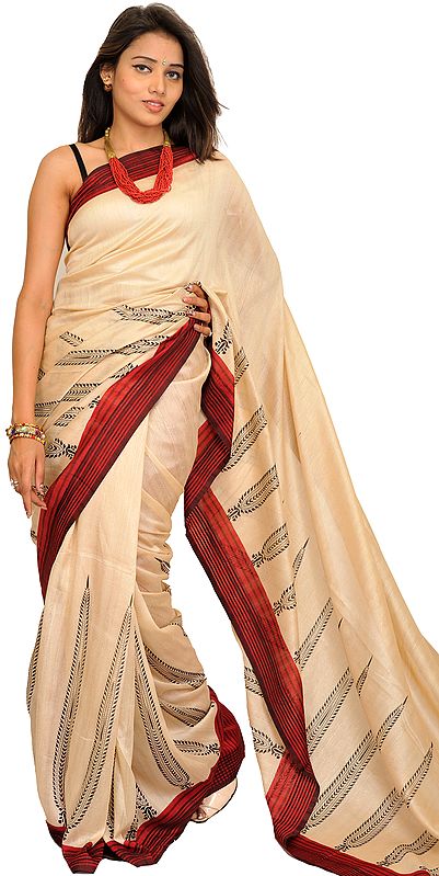 Cream and Red Sari from Bengal with Printed Leaves and Striped Border