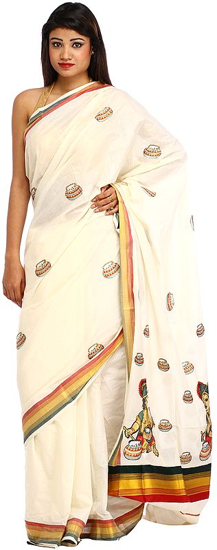 Ivory Kasavu Sari from Kerala with Embroidered Butter Krishna on Aanchal