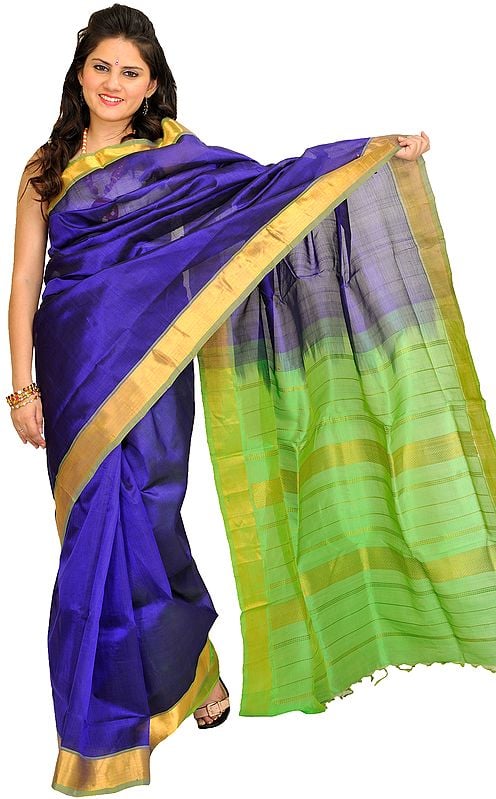 Blue and Green Solid Sari from Chennai with Golden Border