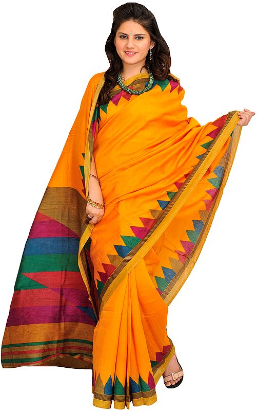 Cadmium-Yellow Sari from Bengal with Printed Temple Border and Rainbow Pallu