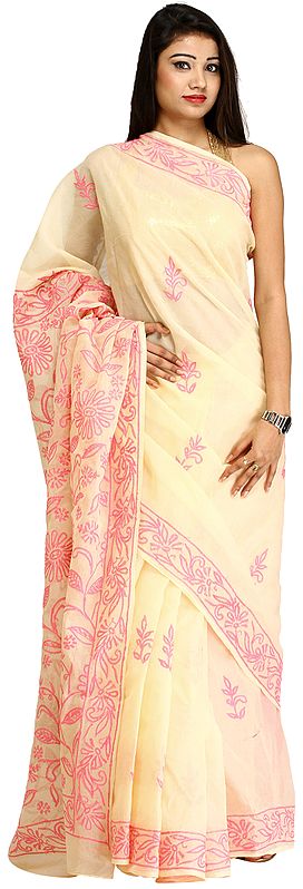 Cream Sari from Lucknow with Chikan Hand-Embroidered Flowers on Pallu