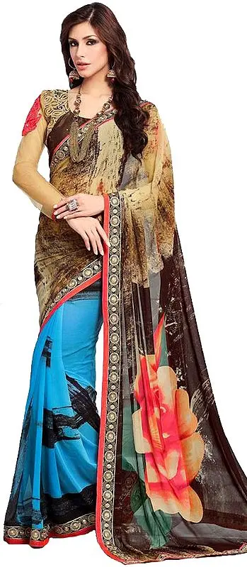 Multicolored Floral Printed Sari with Embroidered Patch Border