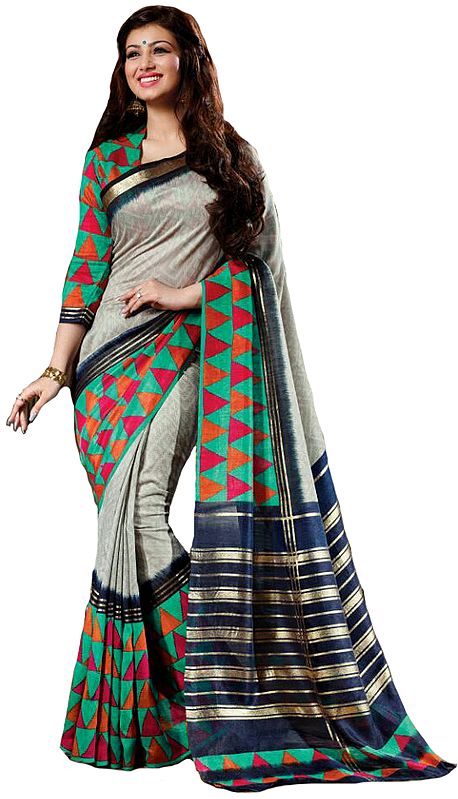 Gray and Green Printed Cochin-Silk Sari