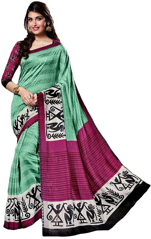 Green and Pink Tanjavur-Silk Sari with Printed Folk Motifs and Self-Weave