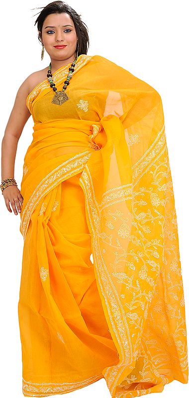 Marigold Sari from Lucknow with Chikan Hand-Embroidery