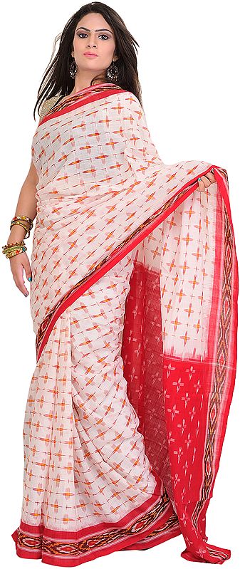 White and Red Ikat Sari from Pochampally with Woven Bootis