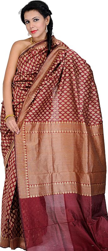 Oxblood-Red Sari from Banaras with Woven Bootis All-Over