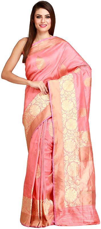 Shell-Pink Banarasi Handloom Sari with Woven Floral Border in Zari Thread