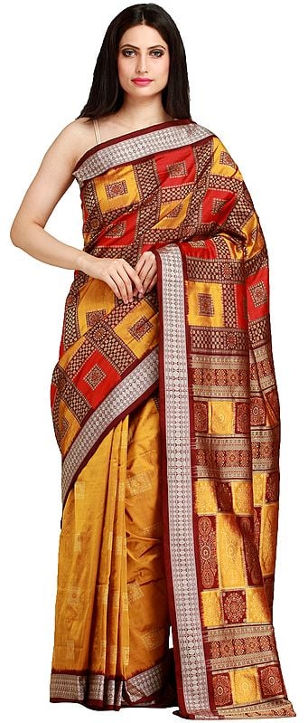 Gold and Red Bomkai Handloom Sari from Orissa with Woven Motifs