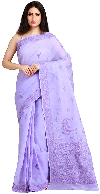 Sweet-Lavender Sari from Lucknow with Chikan Embroidery by Hand