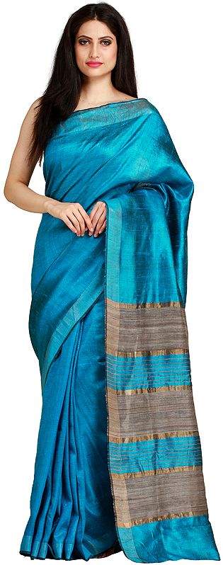 Vivid-Blue Plain Kosa Sari from Bengal with Woven Stripes on Pallu
