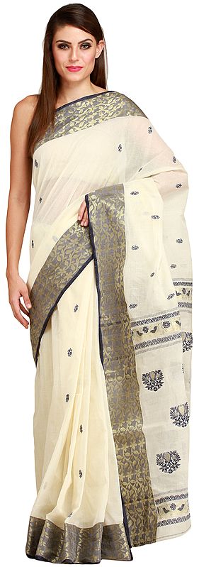 Ivory Sari from Bengal with Woven Floral Border and Bootis