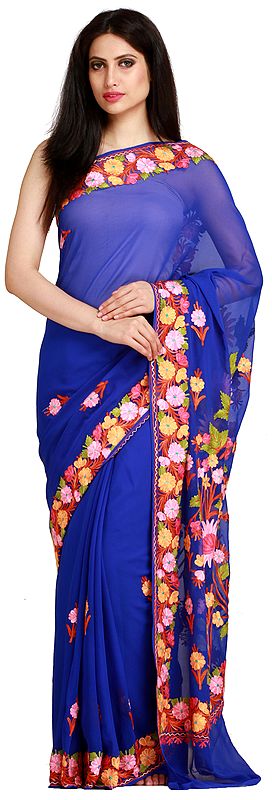 Dazzling-Blue Kashmiri Sari with Aari Embroidered Flowers