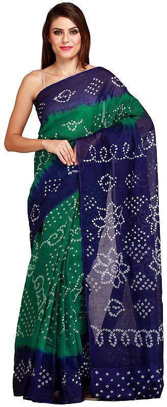 Green and Blue Bandhani Tie-Dye Sari from Jodhpur with Flowers on Pallu