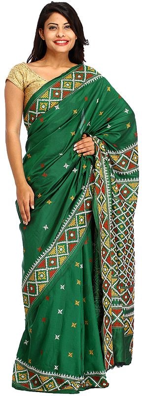 Fairway-Green Sari from Kolkata with Kantha Embroidery By Hand