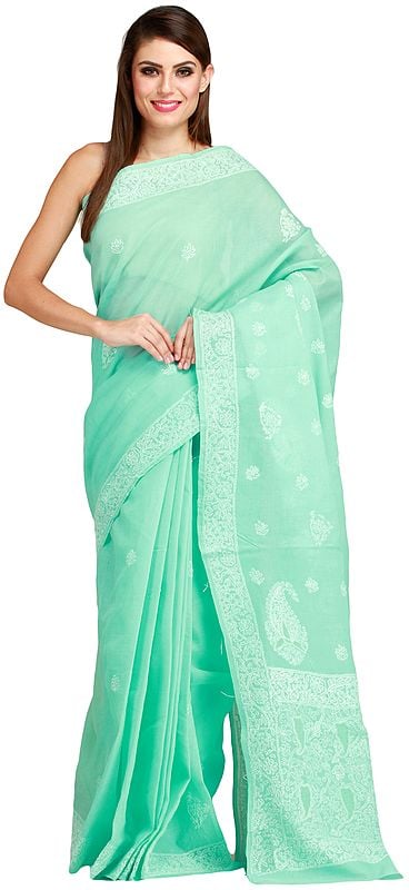 Yucca-Green Sari from Lucknow with Chikan Embroidery by Hand