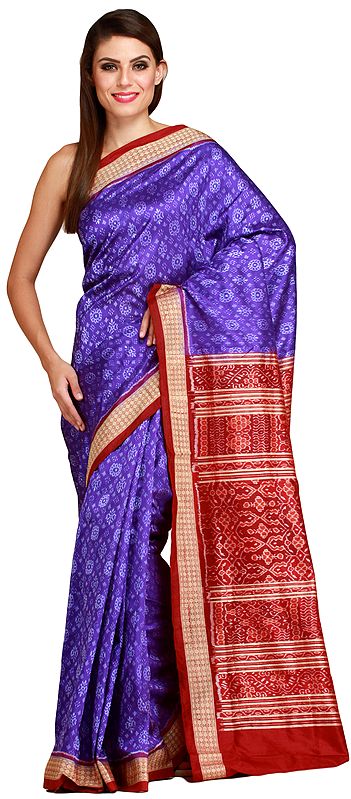Blue and Maroon Sambhalpuri Handloom Sari from Orissa with Ikat-Woven Flowers
